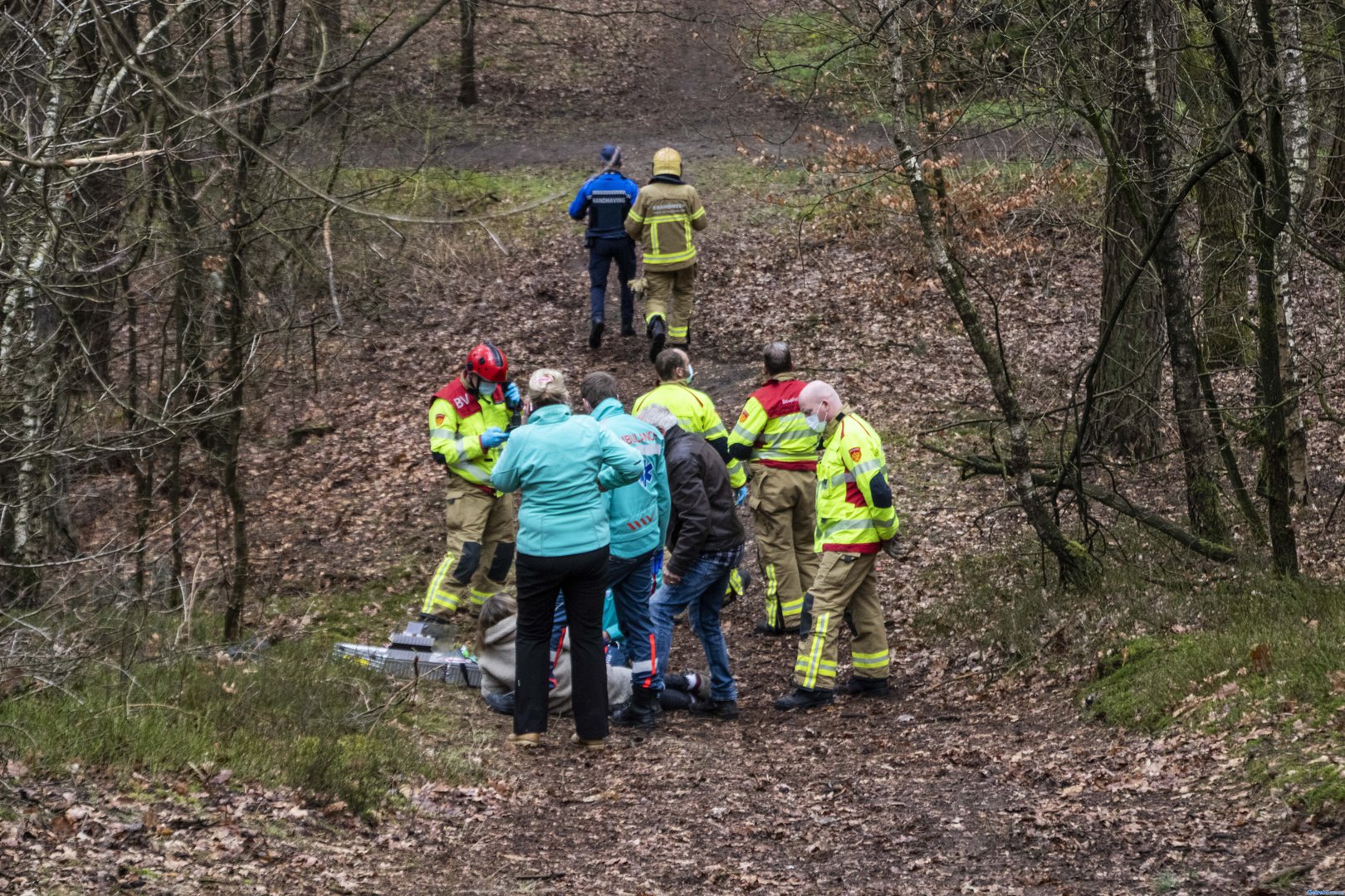 Gewonde vrouw door hulpdiensten uit het bos gehaald