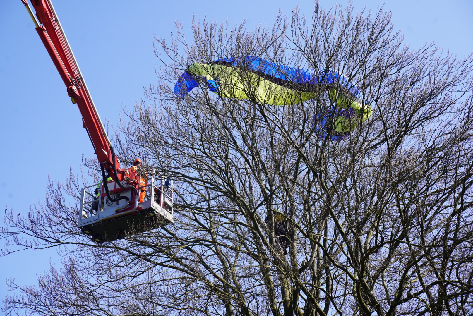 Paraglider probeert te landen maar belandt in boom