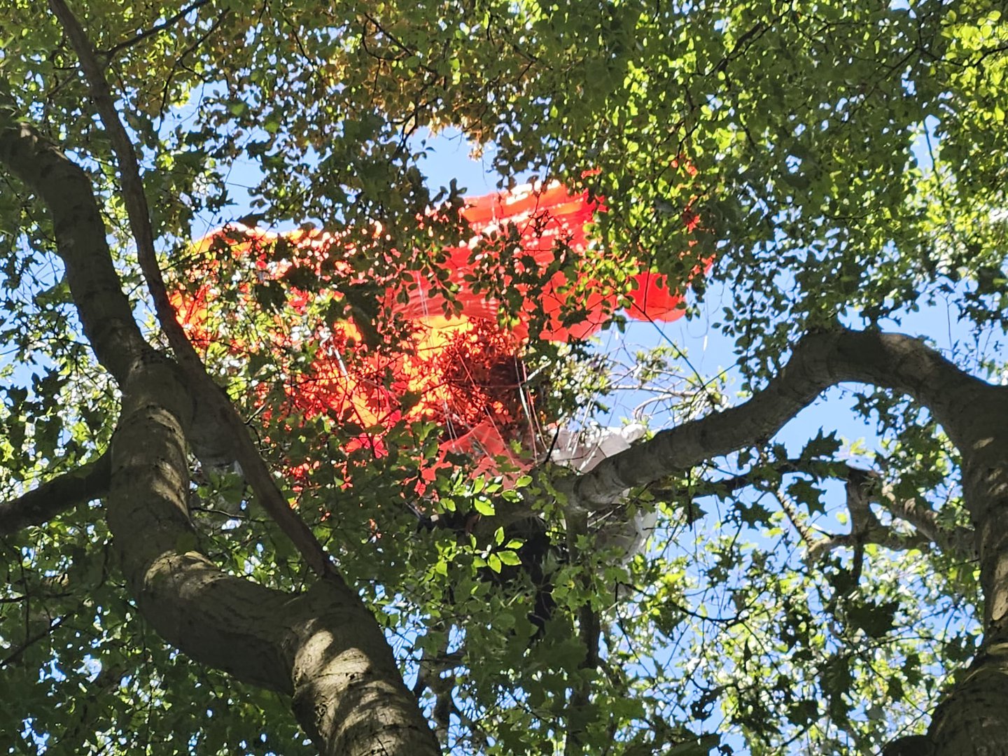 UPDATE: Parachutist hangt ruim 2 uur in boom met open parachute