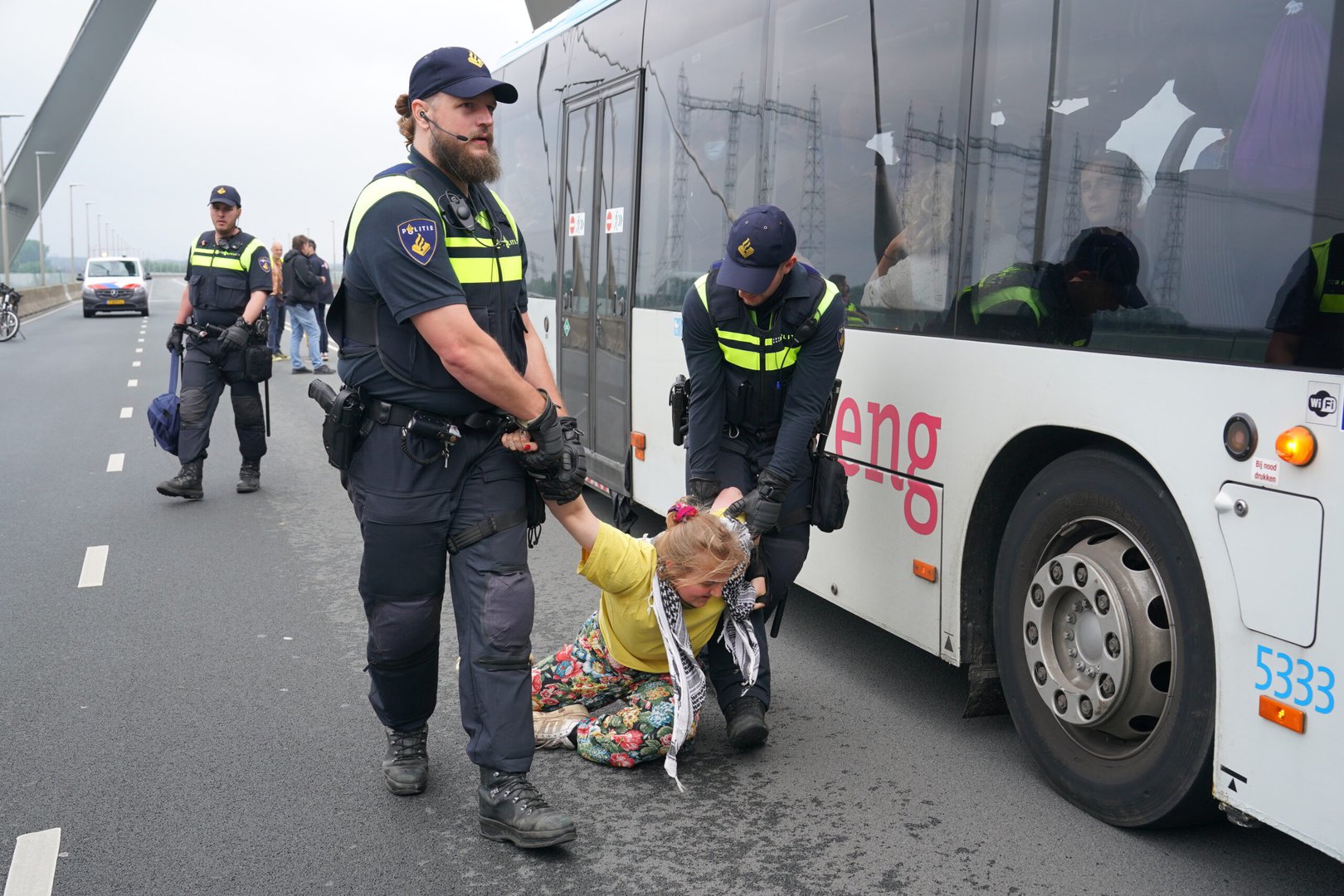 Politie houdt tientallen demonstranten aan op brug