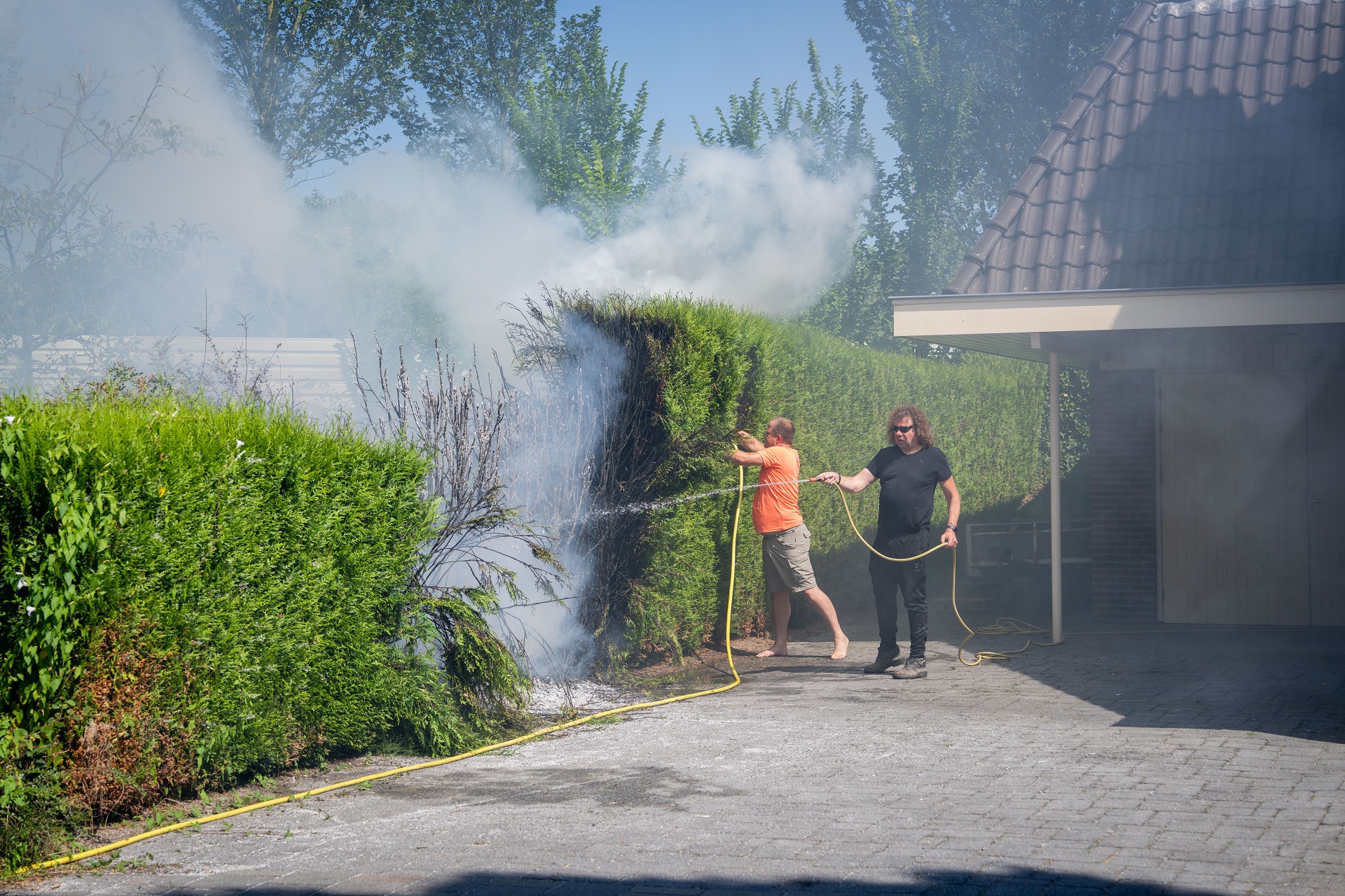 Coniferenhaag vliegt in brand, buurtbewoners beginnen met blussen