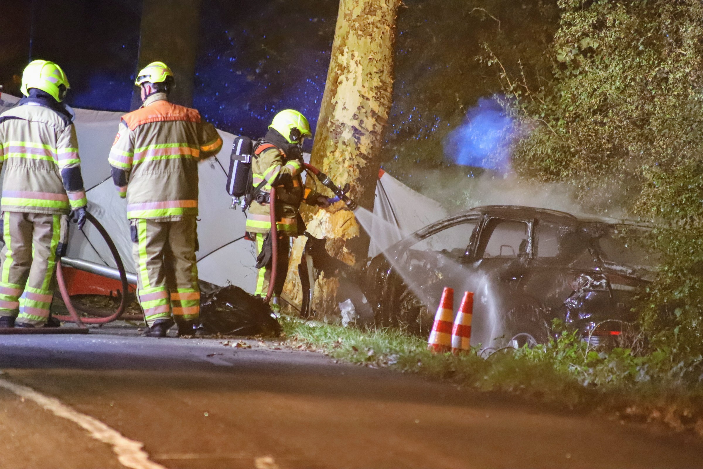 Auto vliegt in brand na botsing tegen boom, bestuurder overleden