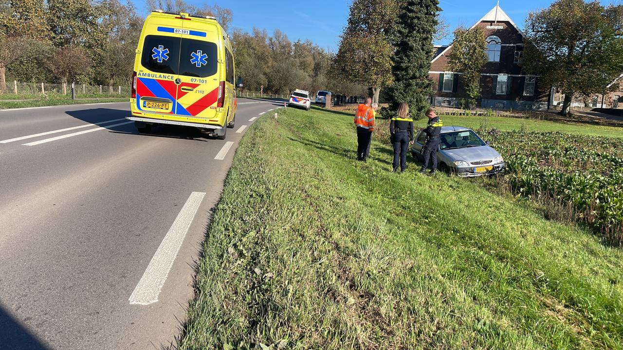 Auto raakt van de weg en belandt in weiland