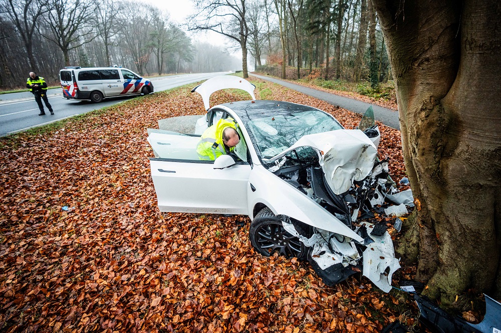 Tesla botst in Arnhem tegen boom, bestuurder zwaargewond